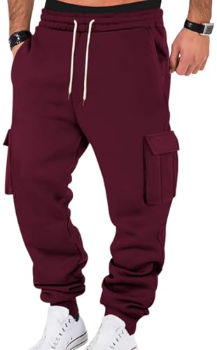 WINKEEY Jogginghose Herren Trainingshose Sporthose Lang Casual Freizeithose mit Taschen Elastische Taille mit Kordelzug Sweatpants,Weinrot M von WINKEEY