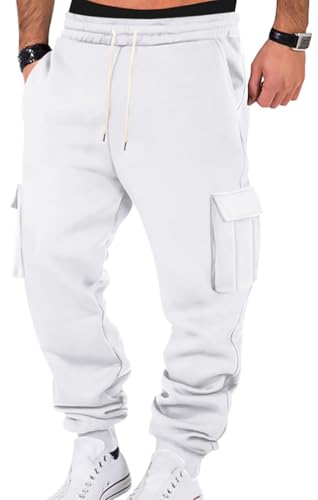 WINKEEY Jogginghose Herren Trainingshose Sporthose Lang Casual Freizeithose mit Taschen Elastische Taille mit Kordelzug Sweatpants,Weiß XL von WINKEEY