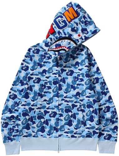 WINKEEY Jungen Shark Hoodies Tarnfarben Haifisch Kapuzenpullover Jacke Mit Reißverschluss Oversized Herbst Winter Oberteil, Blau 3XL von WINKEEY