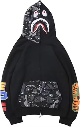 WINKEEY Jungen Shark Hoodies Tarnfarben Haifisch Kapuzenpullover Jacke Mit Reißverschluss Oversized Herbst Winter Oberteil, Schwarzer Sternenhimmel 5XL von WINKEEY