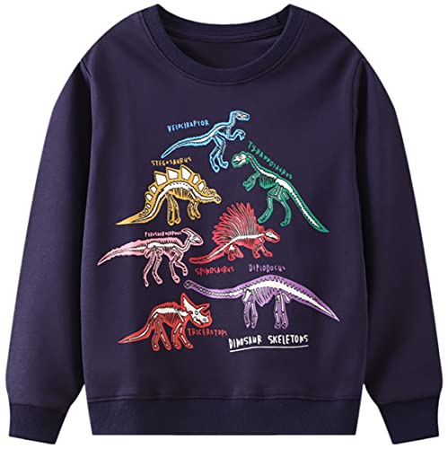 WINKEEY Jungen Sweatshirt Mit Kawaii Dinosaurier Haifisch Tintenfisch Muster Langarm Pullover Nachtleuchtend Kinder Oberteilung 2-7 Jahre, Dinosaurier 3-4T von WINKEEY