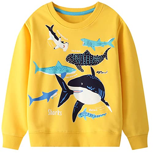 WINKEEY Jungen Sweatshirt Mit Kawaii Dinosaurier Haifisch Tintenfisch Muster Langarm Pullover Nachtleuchtend Kinder Oberteilung 2-7 Jahre, Haifisch 6-7T von WINKEEY