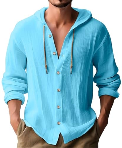 WINKEEY Leinenhemd Herren Langarm Casual Freizeithemd Mit Kapuze Regular Fit Button Down Leinen Hemd,Blau XL von WINKEEY