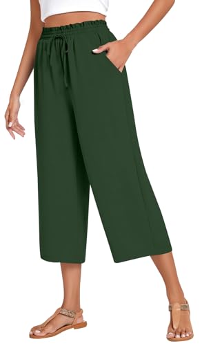 WINKEEY Leinenhose Damen 3/4 Hose Leichte Weites Bein Sommerhose Elegant Freizeithose Mit hoher Taille Palazzo Hose Mit Taschen,Armeegrün XXL von WINKEEY