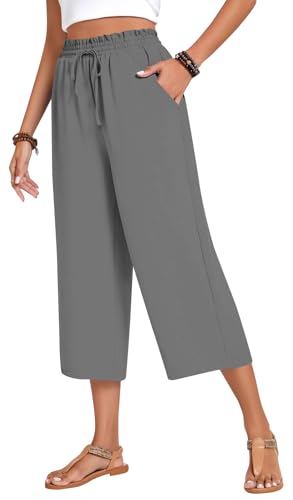 WINKEEY Leinenhose Damen 3/4 Hose Leichte Weites Bein Sommerhose Elegant Freizeithose Mit hoher Taille Palazzo Hose Mit Taschen,Dunkelgrau XXL von WINKEEY