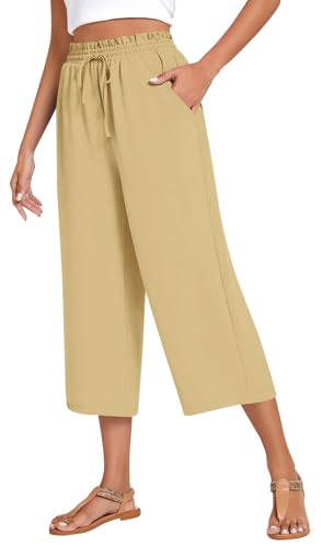 WINKEEY Leinenhose Damen 3/4 Hose Leichte Weites Bein Sommerhose Elegant Freizeithose Mit hoher Taille Palazzo Hose Mit Taschen,Khaki XXL von WINKEEY