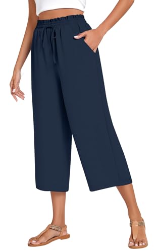 WINKEEY Leinenhose Damen 3/4 Hose Leichte Weites Bein Sommerhose Elegant Freizeithose Mit hoher Taille Palazzo Hose Mit Taschen,Navy Blau M von WINKEEY