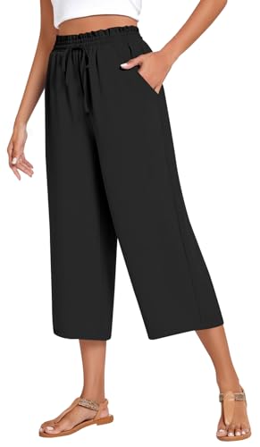 WINKEEY Leinenhose Damen 3/4 Hose Leichte Weites Bein Sommerhose Elegant Freizeithose Mit hoher Taille Palazzo Hose Mit Taschen,Schwarz M von WINKEEY