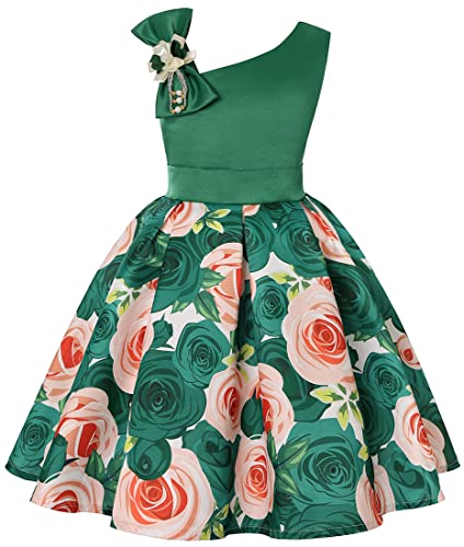 WINKEEY Mädchen Kleider Kinder Sommer Rose Blumenkleid Abendkleid Geburtstag Partykleid A-Linie Prinzessin Kostüm Ärmelloses Freizeitkleid, Grün 150CM von WINKEEY