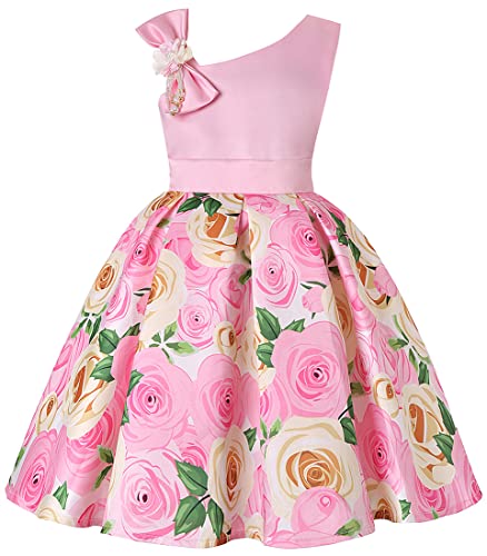 WINKEEY Mädchen Kleider Kinder Sommer Rose Blumenkleid Abendkleid Geburtstag Partykleid A-Linie Prinzessin Kostüm Ärmelloses Freizeitkleid, Rosa 100CM von WINKEEY