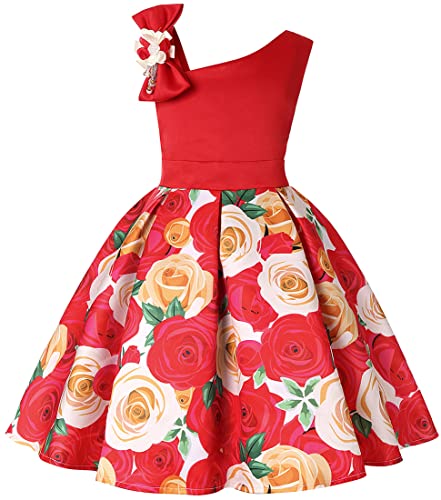 WINKEEY Mädchen Kleider Kinder Sommer Rose Blumenkleid Abendkleid Geburtstag Partykleid A-Linie Prinzessin Kostüm Ärmelloses Freizeitkleid, Rot 110CM von WINKEEY