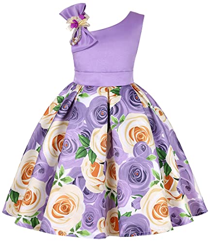 WINKEEY Mädchen Kleider Kinder Sommer Rose Blumenkleid Abendkleid Geburtstag Partykleid A-Linie Prinzessin Kostüm Ärmelloses Freizeitkleid, Violett 120CM von WINKEEY