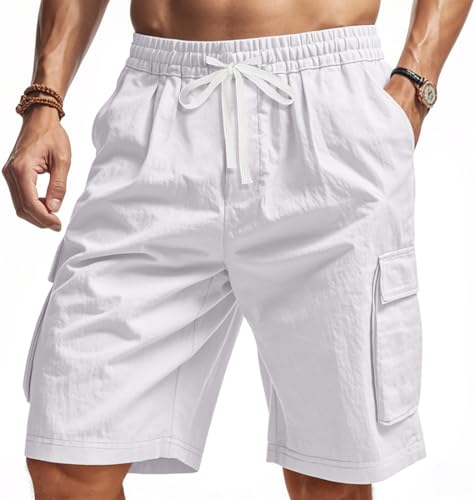 WINKEEY Shorts Herren Sommer Kurze Hose Cargo Shorts Für Männer Sommerhose mit 6 Taschen Für den Strand Urlaub,Weiß XXL von WINKEEY