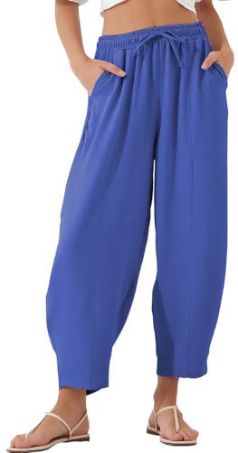 WINKEEY Sommerhose Damen Leicht 7/8 Baggy Elastisch Stoffhose Elegant Freizeithose Mit hoher Taille Palazzo Hose Mit Taschen,Blau M von WINKEEY