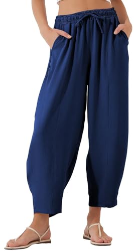WINKEEY Sommerhose Damen Leicht 7/8 Baggy Elastisch Stoffhose Elegant Freizeithose Mit hoher Taille Palazzo Hose Mit Taschen,Dunkelblau XL von WINKEEY