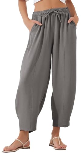 WINKEEY Sommerhose Damen Leicht 7/8 Baggy Elastisch Stoffhose Elegant Freizeithose Mit hoher Taille Palazzo Hose Mit Taschen,Grau S von WINKEEY