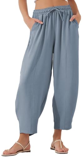 WINKEEY Sommerhose Damen Leicht 7/8 Baggy Elastisch Stoffhose Elegant Freizeithose Mit hoher Taille Palazzo Hose Mit Taschen,Hellblau M von WINKEEY