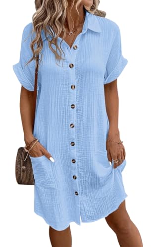 WINKEEY Sommerkleid Damen Blusenkleid Leinen Kleid Casual V-Ausschnitt Hemdkleid Kurzarm Shirtkleid Midikleid Einfarbig Freizeitkleid Mit Knöpfen,Hellblau XL von WINKEEY