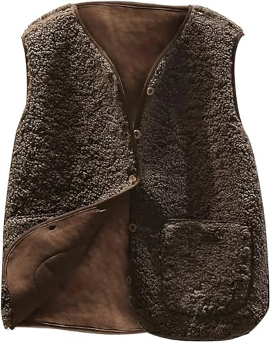 WINKEEY Teddy Weste Damen Ärmellose Fleeceweste Leicht Casual Fellweste Herbst Winter Warm Weste V-Ausschnitt Lammwolle Samt Weste Lose Kurze Jacke,Kaffee M von WINKEEY