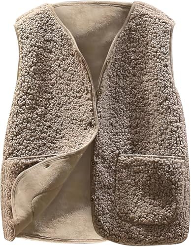 WINKEEY Teddy Weste Damen Ärmellose Fleeceweste Leicht Casual Fellweste Herbst Winter Warm Weste V-Ausschnitt Lammwolle Samt Weste Lose Kurze Jacke,Khaki S von WINKEEY