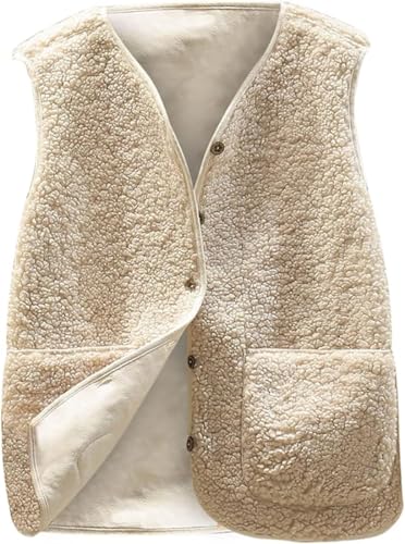 WINKEEY Teddy Weste Damen Ärmellose Fleeceweste Leicht Casual Fellweste Herbst Winter Warm Weste V-Ausschnitt Lammwolle Samt Weste Lose Kurze Jacke,Weiß XL von WINKEEY