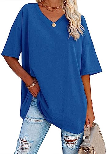 WINKEEY Tshirt Damen Oversize Shirt V Ausschnitt T-Shirt Basic Shirts Casual Top Bluse Sommer Kurzarm, Blau S WINKEEY Tshirt Damen Oversize Shirt V Ausschnitt T-Shirt Basic Shirts Casual Top Bluse Sommer Kurzarm, Blau S von WINKEEY