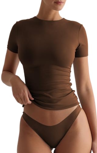 WINKEEY Tshirt Damen Slim Fit T-Shirt Y2k Crop Top Stretch Eng Kurzarm Sommer Outfits Basic Shirt Tops Tees,Kaffee L von WINKEEY