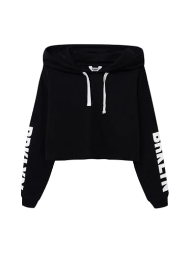 WINKIKI Kids Wear Crop Top Cropp Pullover Abgeschnittener Kapuzenpullover für Mädchen Teenager Langarm mit Kordelzug - Black/White - 134 von WINKIKI Kids Wear