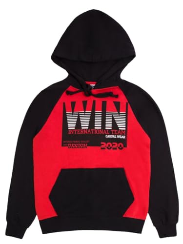 WINKIKI Kids Wear Kinder Teenager Jungen Kapuzenpulli Kaputzenpullover Pullover Rundhals Langarm Hoodie mit Kängurutasche aus hochwertiger Baumwolle - Schwarz-Rot - 140 von WINKIKI Kids Wear