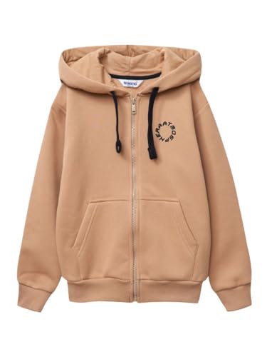 WINKIKI Kids Wear Kinder Teenager Unisex Jungen Mädchen Kaputzen Hoodie mit Reißverschluss Zip Verschluss, Langarm, mit geteilter Kängurutasche und Rippbündchen - Beige - 134 von WINKIKI Kids Wear
