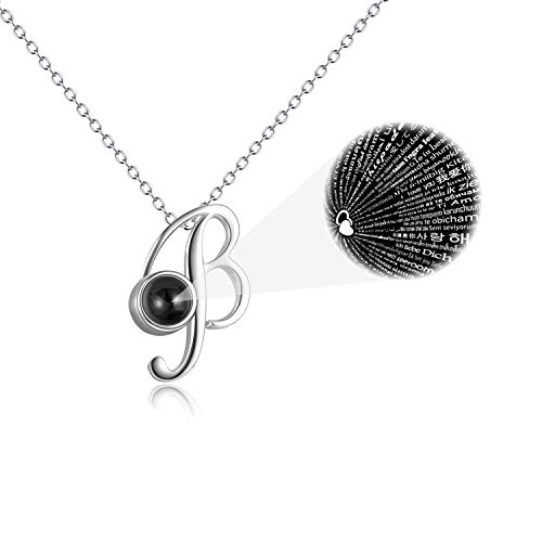 WINNICACA Buchstabe Kette A-Z Damen Sterling Silber 925 Projektion Halskette Anhänger mit 100 Sprachen Ich Liebe Dich, Schmuck Geburtstag Geschenk für Frauen, Buchstabe B von WINNICACA