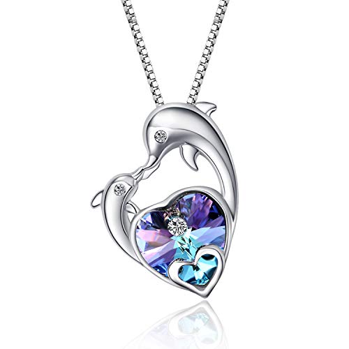 WINNICACA Delphin Halskette Sterling Silber Lila Kristall Herz Ozean Delfin Halskette Anhänger für Frauen Mädchen Weihnachtsgeschenke von WINNICACA