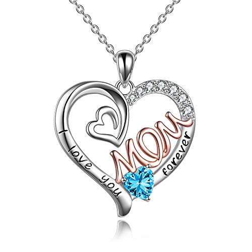 WINNICACA Mama Halskette S925 Sterling Silber Herz CZ Blau Stein Liebe Mutter Anhänger März Geburtsstein Schmuck für Frauen Mutter Geschenke von WINNICACA