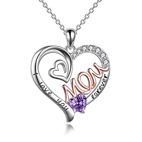 WINNICACA Mama Halskette S925 Sterling Silber Herz CZ Lila Stein Liebe Mutter Anhänger Februar Geburtsstein Schmuck für Frauen Mutter Geschenke von WINNICACA