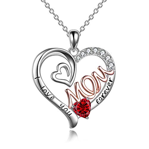 WINNICACA Mama Halskette S925 Sterling Silber Herz CZ Rot Stein Liebe Mutter Anhänger Januar Geburtsstein Schmuck für Frauen Mutter Geschenke von WINNICACA