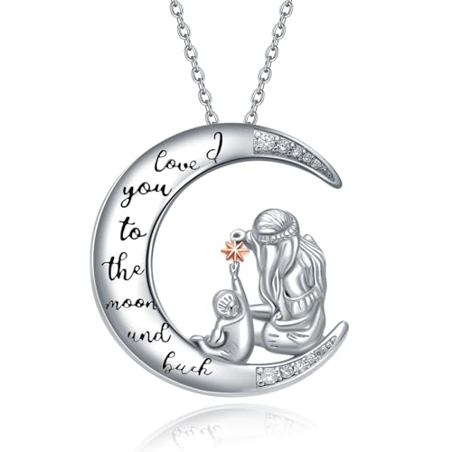 WINNICACA Mama Muttertagsgeschenk Mutter und Kind Halskette 925 Sterling Silber Ich liebe dich zum Mond und zurück Anhänger Kette Geschenke für Mama zum Geburtstag von WINNICACA