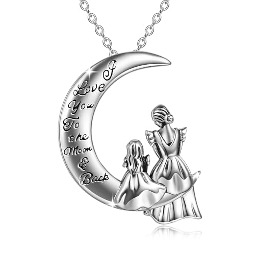 WINNICACA Mutter und Tochter Halskette 925 Sterling Silber Ich liebe dich zum Mond und zurück Anhänger Kette Geschenke für Mama Frauen zum Muttertag von WINNICACA