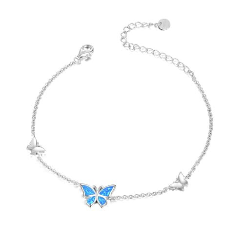 WINNICACA Schmetterling Blau Opal Fußkettchen S925 Sterling Silber Weißgold Armreif Schmuck für Frauen Mädchen Geschenke von WINNICACA