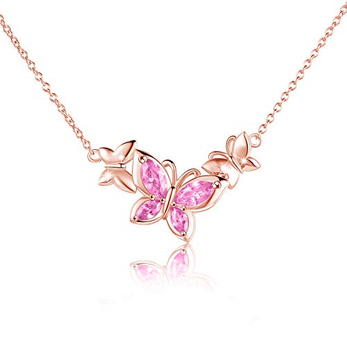 WINNICACA Schmetterling Rosa Kristall Halskette Sterling Silber Oktober Geburtsstein Schmuck Roségold Anhänger Geschenke für Frauen Muttertag Geburtstag von WINNICACA