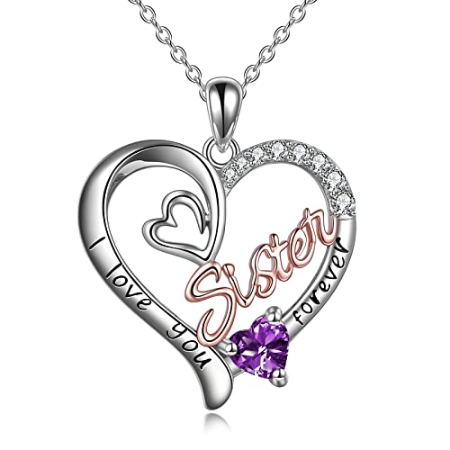 WINNICACA Schwester Anhänger Sterling Silber I Love You Forever Halskette Februar Geburtsstein Anhänger Schmuck für Frauen Schwester Freund Geburtstagsgeschenke von WINNICACA