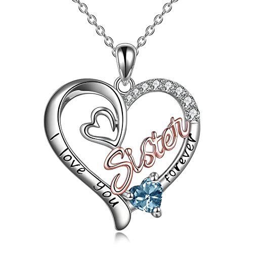 WINNICACA Schwester Anhänger Sterling Silber I Love You Forever Halskette März Geburtsstein Anhänger Schmuck für Frauen Schwester Freund Geburtstagsgeschenke von WINNICACA