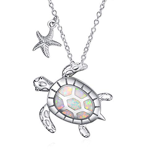 WINNICACA Sea Schildkröte Halskette Sterling Silber Seestern Anhänger Oktober Geburtstag erstellt Opal Ocean Schmuck Geschenke für Frauen Teens Geburtstag [Gesundheit und Langlebigkeit] von WINNICACA