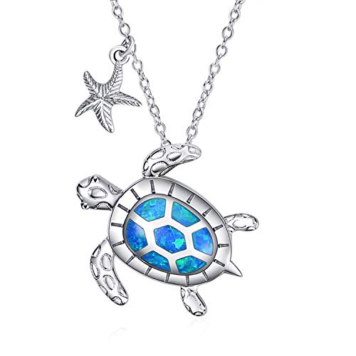 WINNICACA Damen Schildkröte Kette 925 Sterling Silber mit Blau Opal Seestern Anhänger Halskette Ozean Schmuck für Frauen Mädchen von WINNICACA