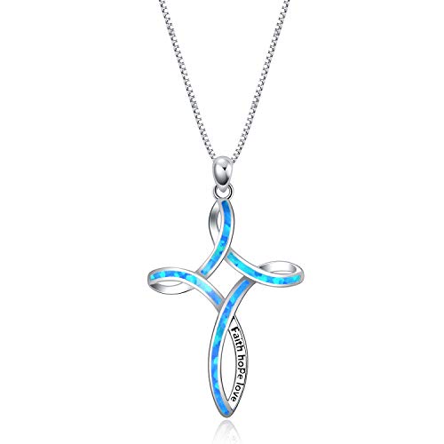 WINNICACA keltisches knoten Halskette Sterling Silber Erstellt Blue Opal Faith Kreuz Anhänger Halskette Muttertag für Frauen Mädchen, graviert "Faith Hope Love" von WINNICACA