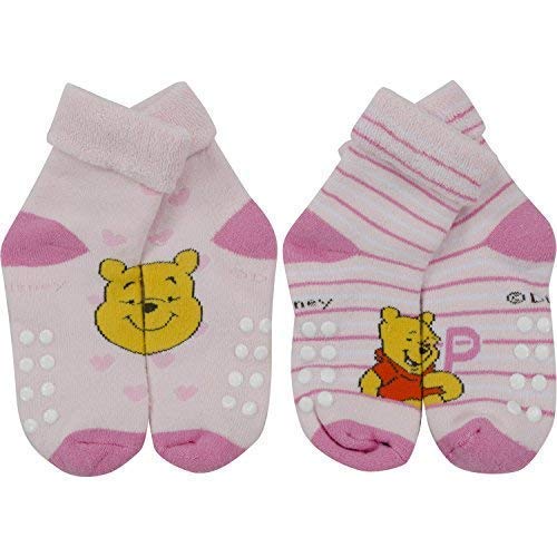WINNIE THE POOH - Baby Frottee-Socken mit Anti-Rutsch Noppen, 2er Pack, rosa, Gr. 23/26 von Winnie the Pooh