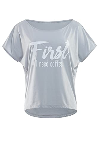 Winshape Damen Ultra leichtes Modal-Kurzarmshirt MCT002 Glitzer-Aufdruck „First I Need Coffee” T-Shirt, Cool-Grey-Weiss, XL von WINSHAPE