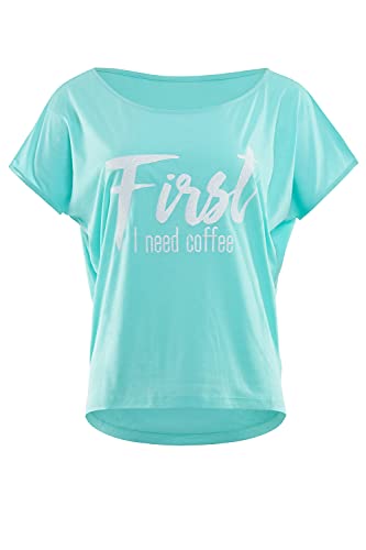 Winshape Damen Ultra leichtes Modal-Kurzarmshirt MCT002 Glitzer-Aufdruck „First I Need Coffee” T-Shirt, Mint-Weiss, S von WINSHAPE