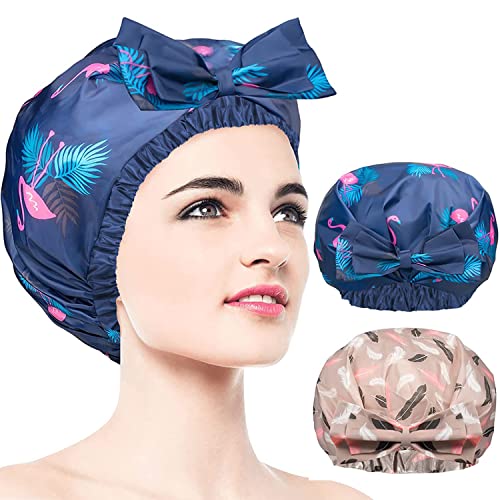 Duschhaube, 2er Pack Extra Large & Adjustable Saum & Double Layer Waterproof & Bow Knot Hair Reusable Cap für Frauen, Waterproof Exterior & EVA Lining, Oversized Design für alle Haare Längen von WINSTECK