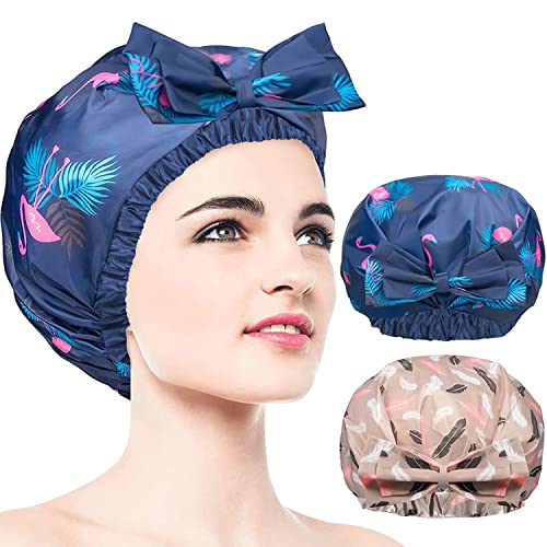 Duschhaube, 2er Pack Extra Large & Adjustable Saum & Double Layer Waterproof & Bow Knot Hair Reusable Cap für Frauen, Waterproof Exterior & EVA Lining, Oversized Design für alle Haare Längen von WINSTECK