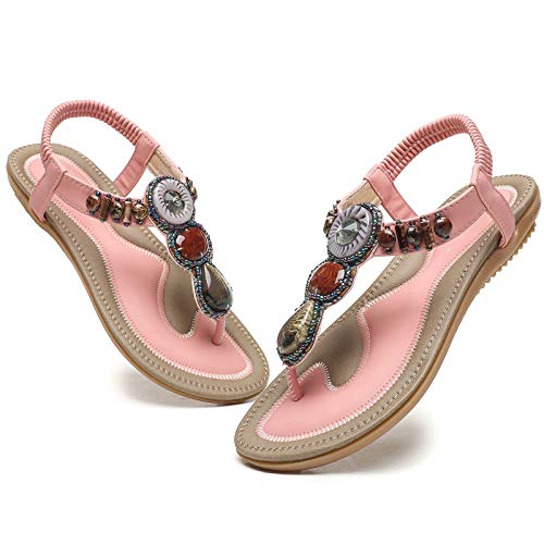 WINZYU Sandalen Damen Sommer Bohemian Strass Flach Sandaletten Zehentrenner Schuhe Rosa 36 EU von WINZYU